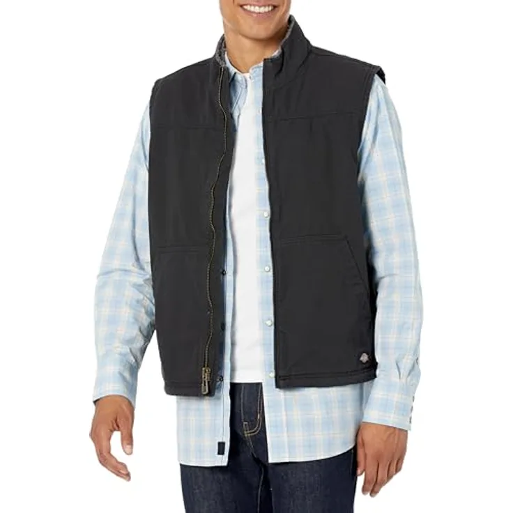 Dickies SHERPA LINED DUCK VEST, ärmellose Arbeitsjacke aus robustem Duck-Canvas mit V-Ausschnitt und großen Vordertaschen, Stonewashed-Stoff, schwarz