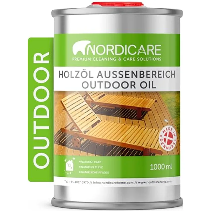 Nordicare Holzöl Außenbereich [1L], Pflege- und Schutzöl für Lärche, Eiche, Teak und Akazienholz, farblos, UV- und wasserabweisend, Made in Denmark