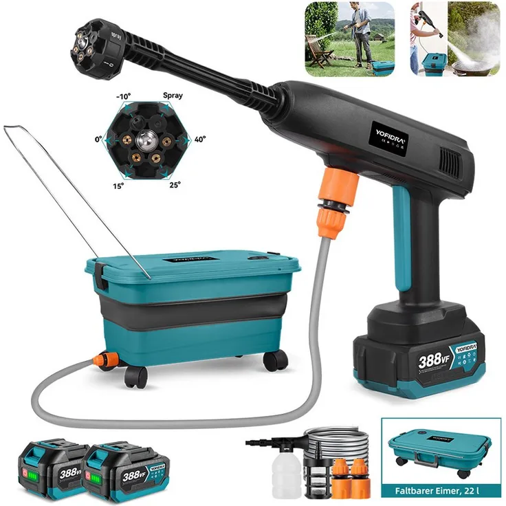 Yofidra Akku-Hochdruckreiniger YF-45B, 40 bar, 336 l/h, mobiler Hochdruckreiniger mit 2x 3000mAh Akku, 6-in-1 Düse, 400 W für Autos, Terrasse und Garten