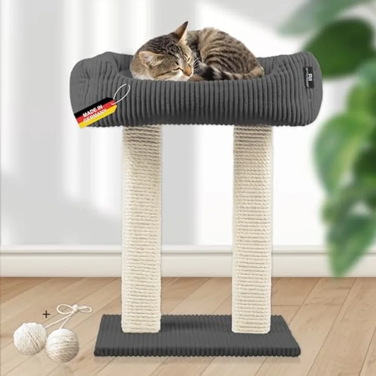 Rohrschneider Kratzbaum Katzenbaum Wolly 2 breite Kratzstämme mit Katzenbett Cordstoff, Made in Germany, versch. Farben