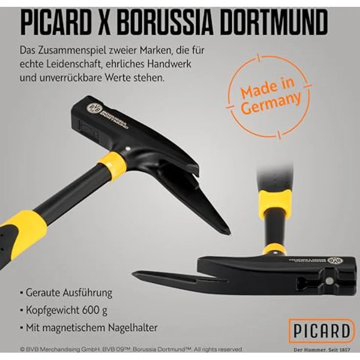 PICARD Hammer Latthammer 760g mit BVB-Logo, schwarz-gelb, geraut, ergonomischer 2K Griff – Bild 3
