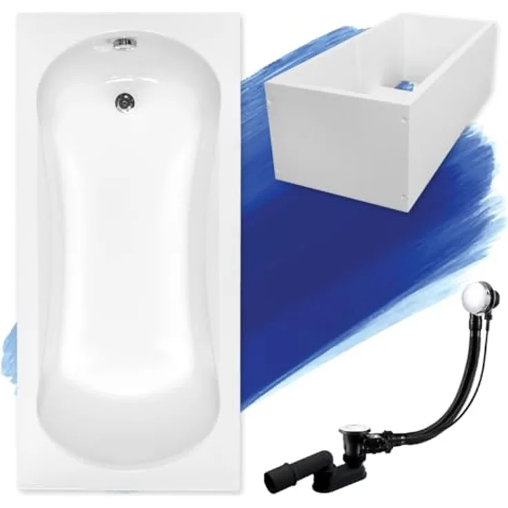 Besco BADLAND ARIA PLUS Badewanne, Rechteck 170x70 cm, Weiß, Komplettset mit Premium Wannenträger und exklusiver Chrom Automatik Ablaufgarnitur, Made in EU
