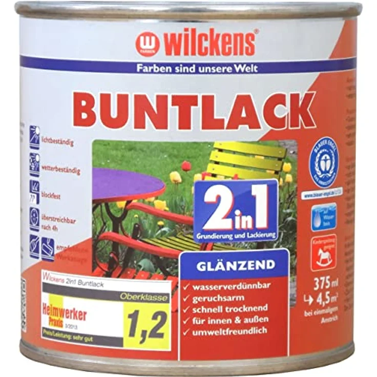 Wilckens Farben Acryl-Buntlack 2in1 glänzend, Grundierung und Decklack 375ml, wasserbasiert, schnelltrocknend, für Holz und Metall – Bild 1