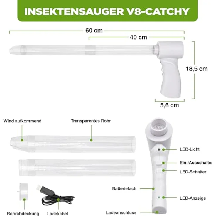 ISOTRONIC Insekten- und Spinnenfänger, elektrischer Sauger mit Teleskopstiel und LED-Spotlight, humane Entfernung von Insekten ohne Kontakt, 60 cm Reichweite – Bild 3