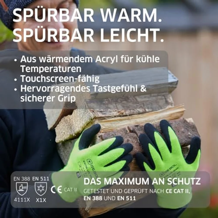 Gebol Arbeitshandschuhe Winter Lite Touch, nahtloser Montagehandschuh, flüssigkeitsabweisend, optimal bis 0 Grad, Größe 9/L, neongrün/schwarz – Bild 3