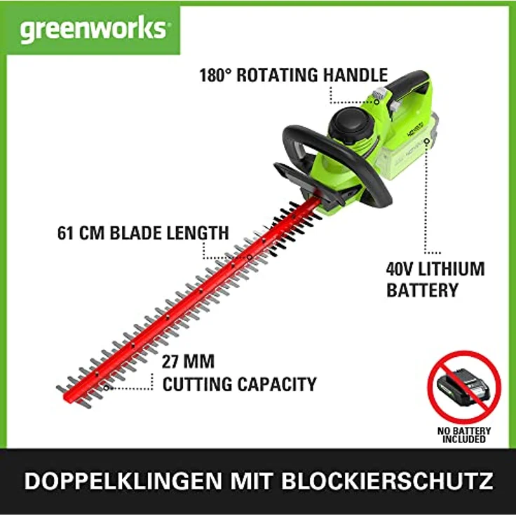 Greenworks Akku-Heckenschere G40HT (Li-Ion 40 V 61 cm Schnittlänge 27 mm Zahnabstand 3000 Schnitte-min verstellbarere Zusatzhandgriff ohne Akku und Ladegerät) – Bild 3
