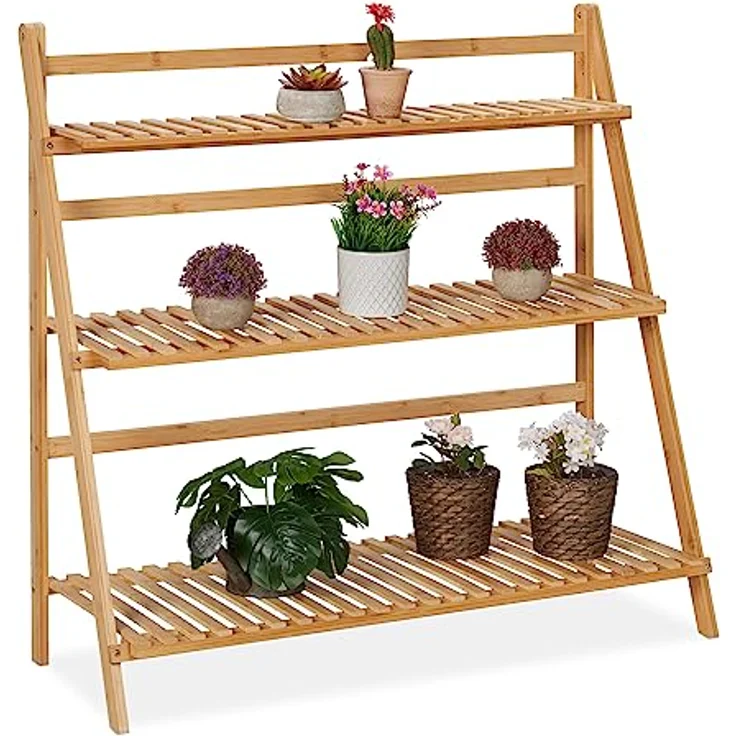 relaxdays Blumenständer Bambus klappbar, 3 Ebenen, natürliche Optik – Bild 2