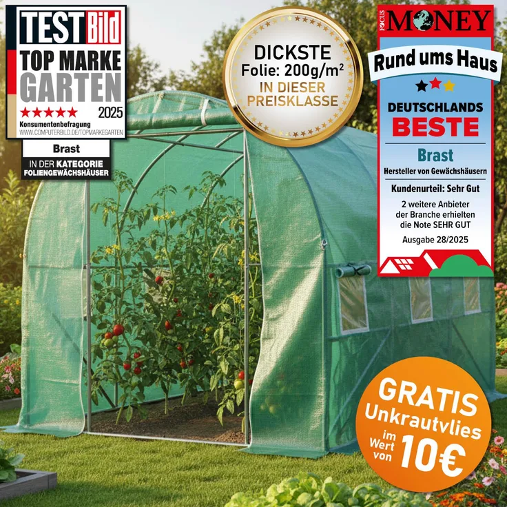 BRAST Foliengewächshaus 2x3m mit Stahlfundament, UV-stabilisierte Gitternetzfolie 200g/m², inkl. Unkrautvlies, 6 aufrollbare Fenster mit Moskitonetz und Erdanker