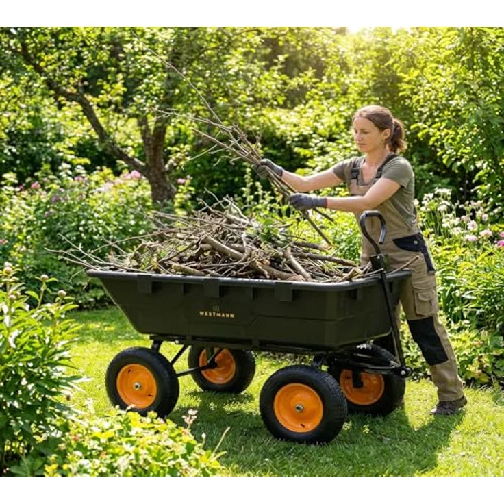 Westmann Prakta L Gartenwagen, Kunststoffkarre mit Kippfunktion, 225 L Volumen, 400 kg Tragkraft, luftbereifte Räder und Zugstange – Bild 2