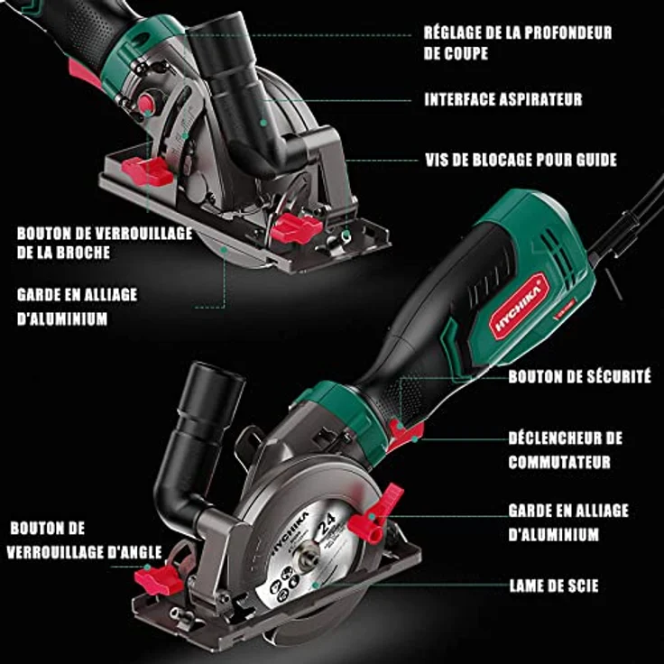Kreissäge 750 W, HYCHIKA 3500 U/min, max. Schnitttiefe 48 mm (90°) und 32 mm (45°), Motor aus reinem Kupferdraht, Mini-Kreissäge zum Schneiden von Fliesen, Metall und Holz – Bild 2