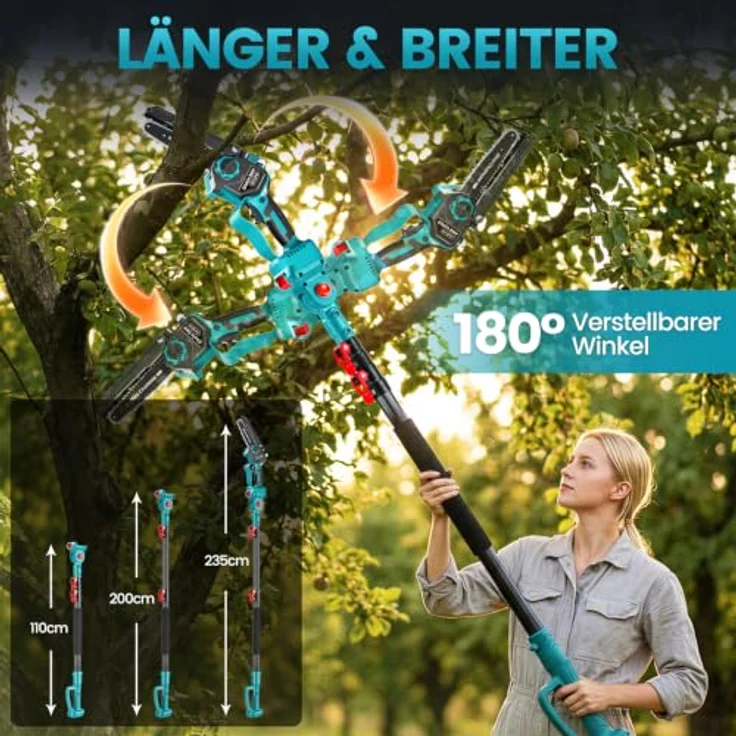 Bundviel Akku-Hochentaster 4-in-1, bürstenlose Elektro-Kettensäge mit Teleskop-Verlängerung bis 23,5 m, 2× 4000mAh Akku für Gartenpflege und Obstgärten – Bild 8