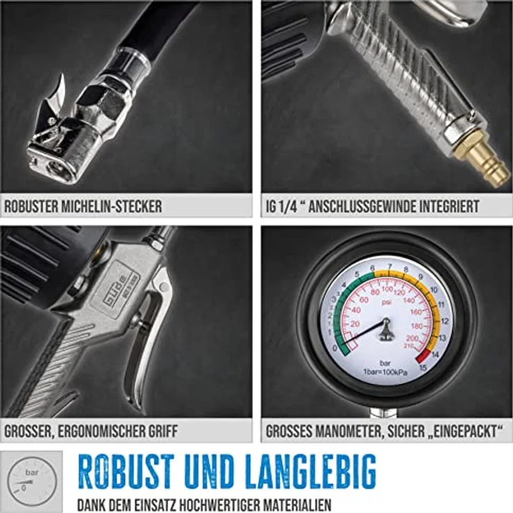 Güde 2752 Reifenfüller ''Profi'' Luftdruckprüfer bis 11bar, großes Manometer – Bild 3