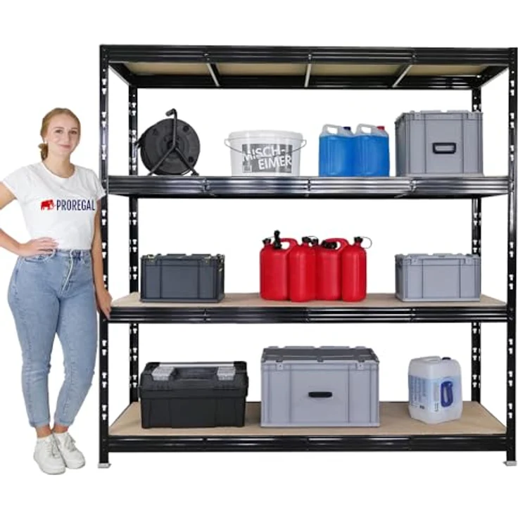 Proregal Schwerlastregal Mega Deal Profi RHINO, 200 x 200 x 60 cm, Traglast pro Boden 500 kg, 5 Böden, Steckmontage, schwarz – Bild 5