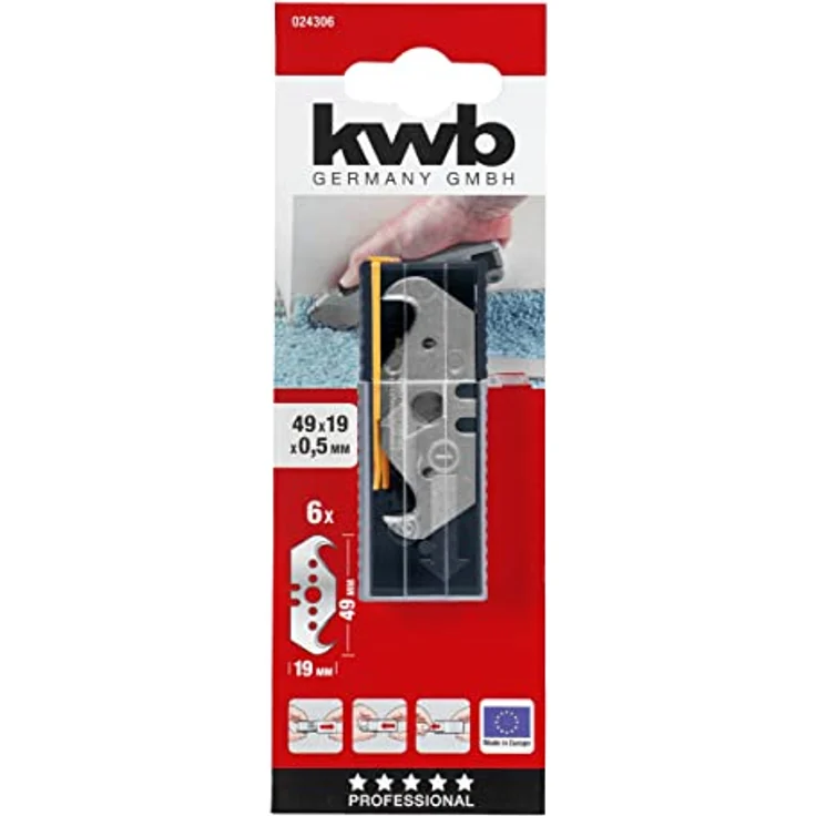 kwb 024306 Ersatz Trapez-Hakenklingen, 49 x 19 x 0,5mm, 6 Stück, rasiermesserscharf in Sicherheits-Spenderbox – Bild 2