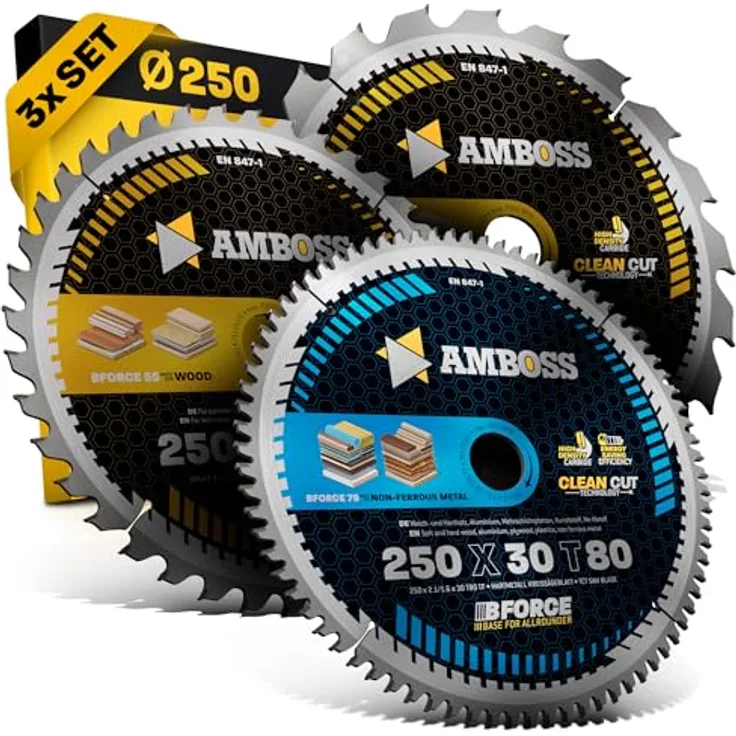 Amboss Werkzeuge 250x30 Hand-Kreissägeblatt Set für Mafell Erika 85 EC, Dewalt DWE 7492 - 3er Set für Holz und Metallchnitt