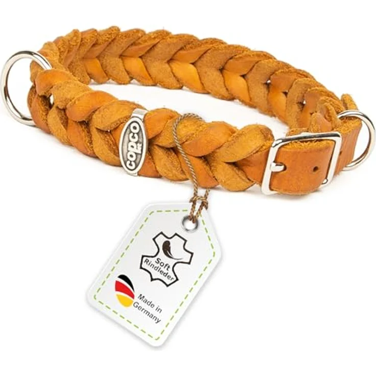 CopcoPet Hundehalsband aus Fettleder 25–29 cm x 15 mm, Cognac – Geflochten, verchromt mit Dornschließe, Robust & verstellbar – Ideal für kleine Hunde, Alltag & Training – Bild 1