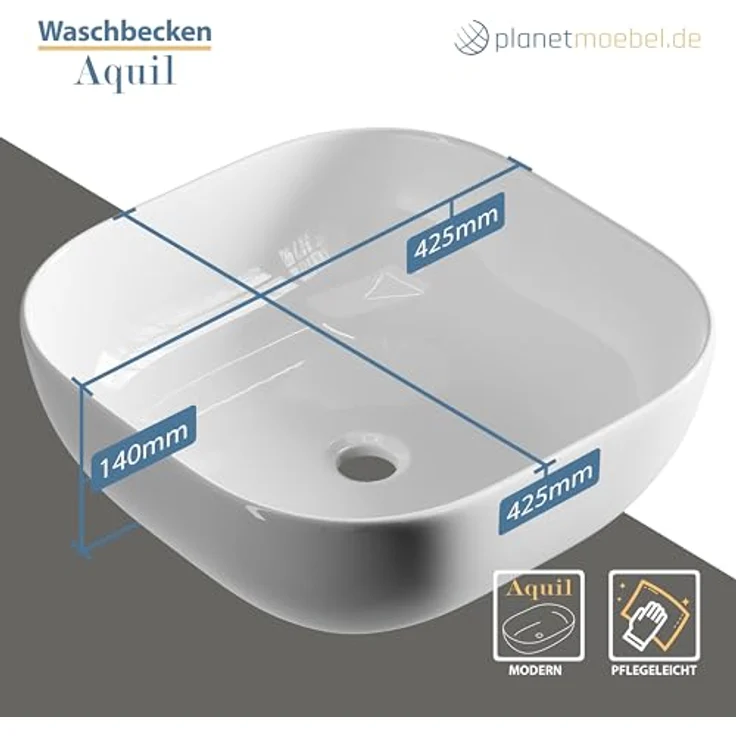 Planetmöbel Aufsatzwaschbecken Aquil, Keramik Waschbecken 42 cm, quadratisch, ohne Hahnloch und Überlauf, weiß – Bild 2