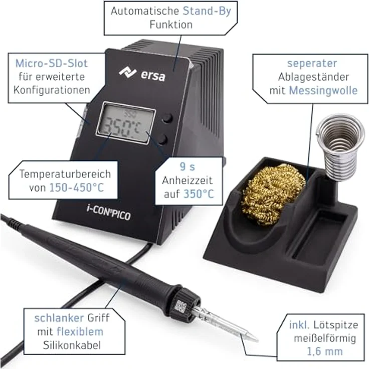 ERSA i-CON PICO MK2 Lötstation 80 Watt 150-450°C digitale Lötstation mit federleichtem und ergonomischem i-TOOL PICO MK2 Lötkolben mit TIP`N TURN Wechsel + 1,6 mm Lötspitze mit Auto-Standby – Bild 2