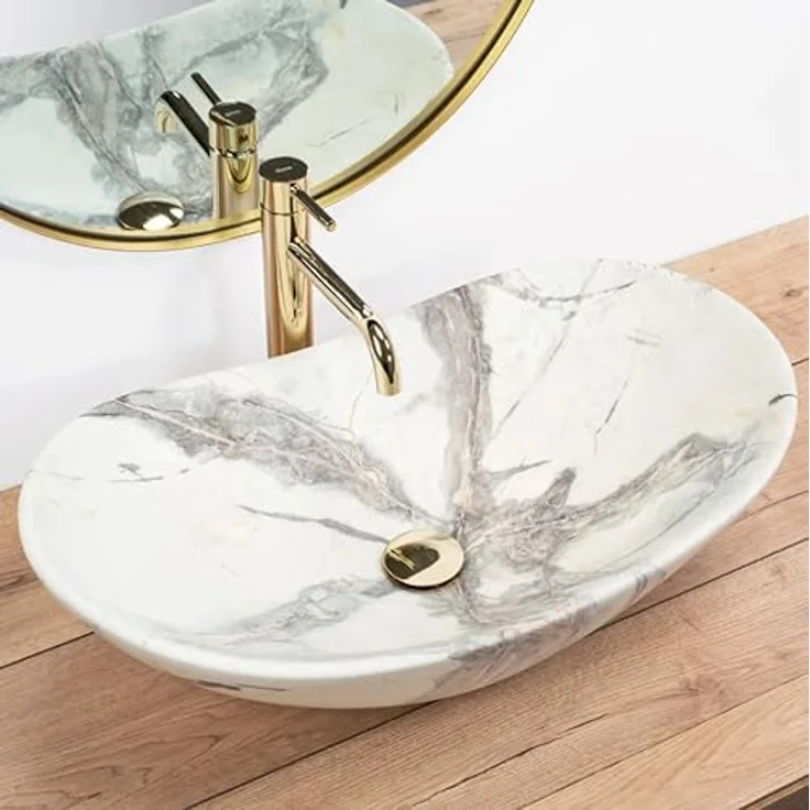 wohnwerk.idee Aufsatzwaschbecken Waschbecken Marmor Optik 62,5x36cm Royal Sand, einzigartiges und unnachahmliches Muster – Bild 5