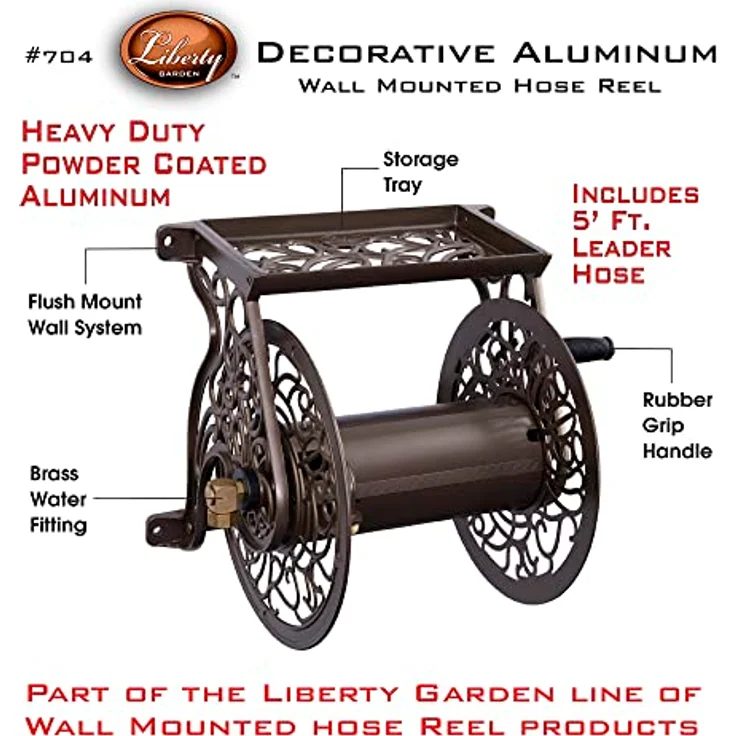 Liberty Garden 704 Gartenschlauchtrommel, dekorativ, Aluminiumguss, Wandhalterung, hält 125 Fuß von 1,6 cm (5/8 Zoll) Schlauch, Bronze – Bild 2