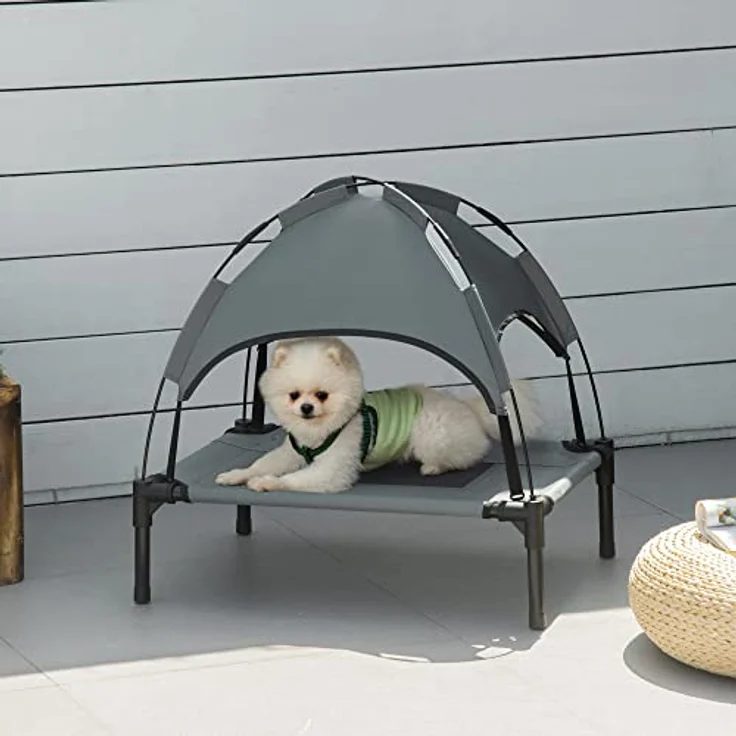 PawHut Haustierbett mit Baldachin, Erhöhtes Hundebett, Hundeliege Outdoor mit Dach, Atmungsaktiv, Taftstoff Grau 61 x 46 x 62 cm – Bild 2