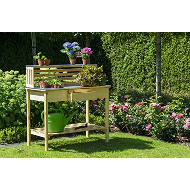 dobar® 29141FSCe XXL Premium Pflanztisch aus massivem Kiefernholz, wetterfester Umtopftisch mit verzinkter Arbeitsfläche und zwei Ablageflächen, 117 x 62 x 124 cm, Natur – Bild 4