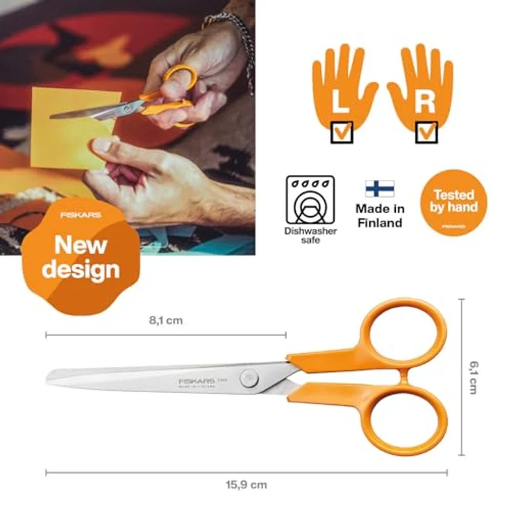 Fiskars Classic Universalscheren-Set, 21 cm + 16 cm, Präzisionsklingen aus rostfreiem Stahl, ergonomische Griffe, ideal für Papier und Stoff, spülmaschinengeeignet, plastikfreie Verpackung – Bild 4