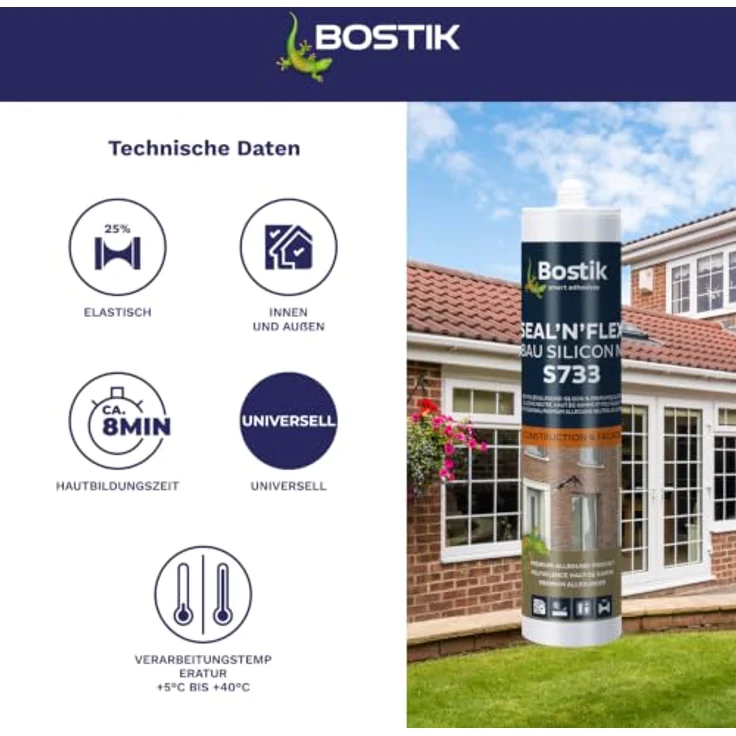 BOSTIK S733 Seal´n´Flex Bau Silikon, Hochleistungs-Dichtungssilikon für Innen- und Außenbereich, Farbe Buche, 300ml – Bild 3