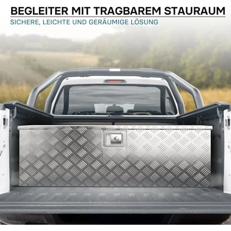 Wiltec Werkzeugbox Alu 124x37x38 cm, silberfarbene Deichsel- und Transportbox mit Schlüssel und Haltegriffen, robust und flexibel – Bild 3