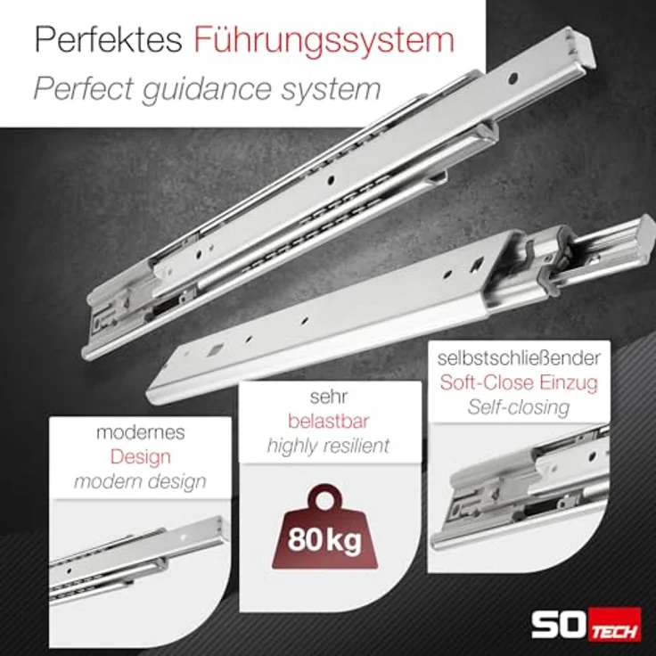 SOTECH Vollauszug 80 Kg, 500 mm Soft Close Schubladeneinzug, geräuscharm und langlebig, 1 Paar – Bild 2