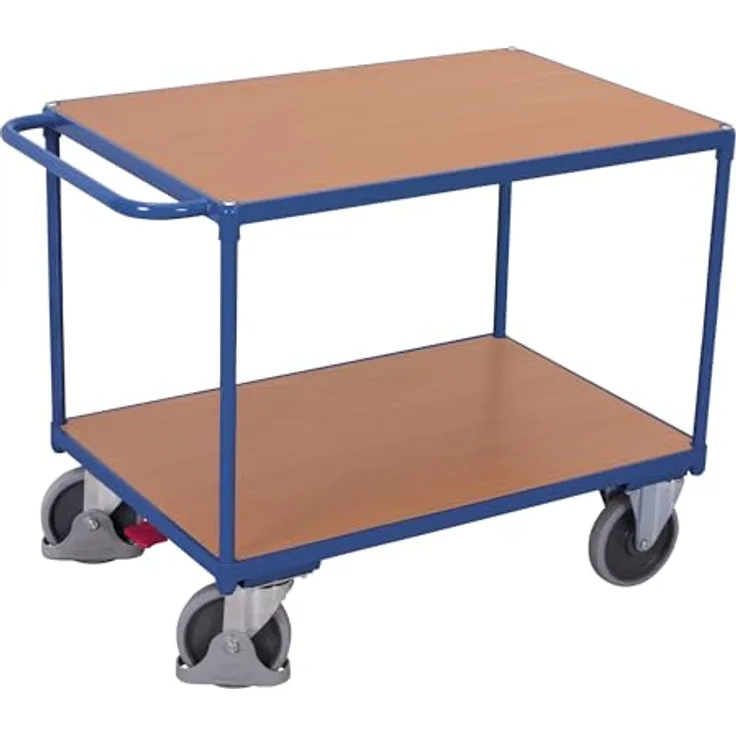 VARIOFIT Schwerer Tischwagen mit Schiebegriff und 2 Ladeflächen, 850x500mm, RAL 5010 enzianblau, Traglast bis 400 kg, pulverbeschichtet, schlag- und kratzfest