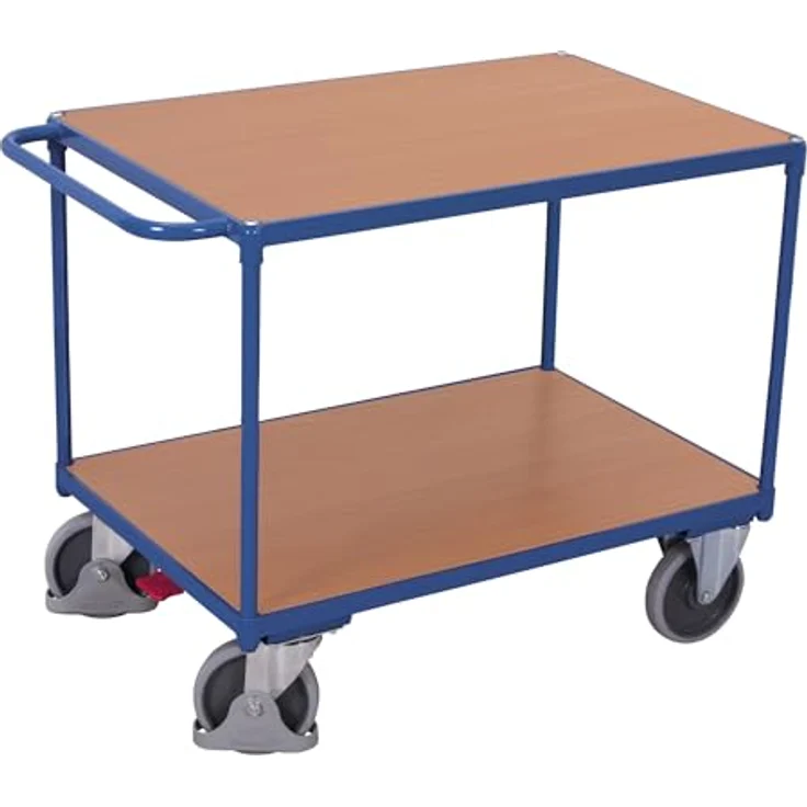 VARIOFIT Schwerer Tischwagen mit Schiebegriff und 2 Ladeflächen, 850x500mm, RAL 5010 enzianblau, Traglast bis 400 kg, pulverbeschichtet, schlag- und kratzfest – Bild 1
