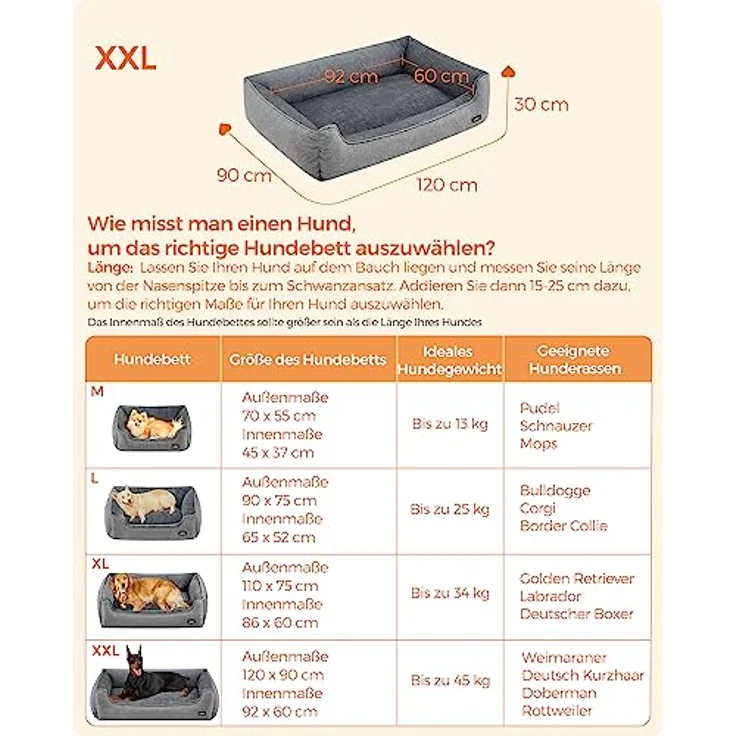 Feandrea Hundebett, Hundekissen in Leinenoptik, Hundekorb, erhöhte Ränder, rutschfeste Unterseite, abnehmbarer waschbarer Bezug, XXL, 120 x 90 x 30 cm, hellgrau – Bild 5