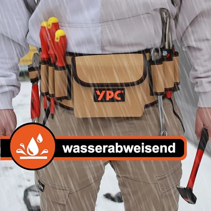 YPC ProBelt – Profi-Werkzeuggürtel mit großer Nageltasche, 7 Steckfächern, Hammerschlaufe, wasserfestem Oxford 600D Polyester, Farbe Khaki, Grau oder Blau – Bild 3