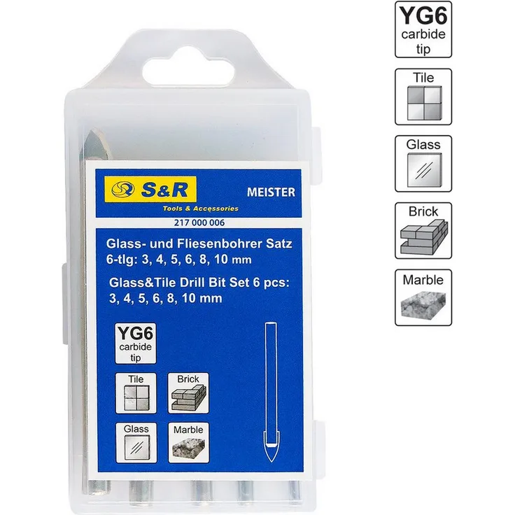 S&R Glasbohrer Fliesenbohrer Set, Karbid Hartmetall Spitze, 6 Bohrer (3, 4, 5, 6, 8, 10 mm)