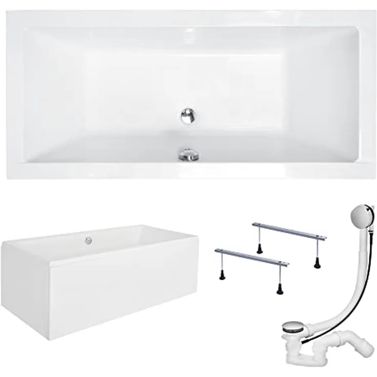 KOLMAN Badewanne QUADRO Rechteck 165x75 cm, 180 Liter Fassungsvermögen, inklusive Acrylschürze, Ablaufgarnitur und Füßen, weiß, 4in1 Komplettset