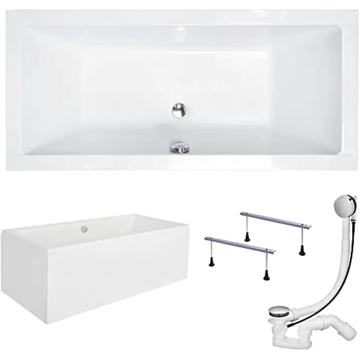 KOLMAN Badewanne QUADRO Rechteck 165x75 cm, 180 Liter Fassungsvermögen, inklusive Acrylschürze, Ablaufgarnitur und Füßen, weiß, 4in1 Komplettset – Bild 1