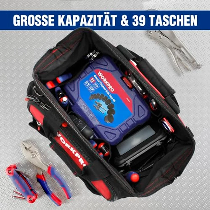 WORKPRO Werkzeugtasche Elektriker 42 x 25 x 34CM, Robuster 1680D Polyester,mit weiter Reißverschluss-Öffnung,Tragebügel und verstellbarem Schultergurt – Bild 6