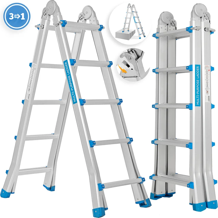 Masko Aluminium Teleskopleiter Multifunktionsleiter Aluleiter Klappleiter Anlegeleiter 5.10m - 4x5 Sprossen Silber-Blau – Bild 1