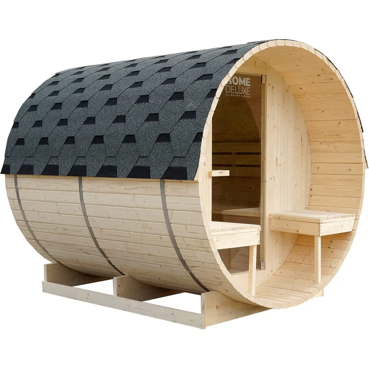 HOME DELUXE - Outdoor Fasssauna LAHTI DELUXE L - Maße: ca. 192 cm x 195 cm x 220 cm, Holz: Fichtenholz - inkl. Elektroofen und kompl. Saunazubehör I Gartensauna, Außensauna, Sauna für 4 Personen – Bild 2