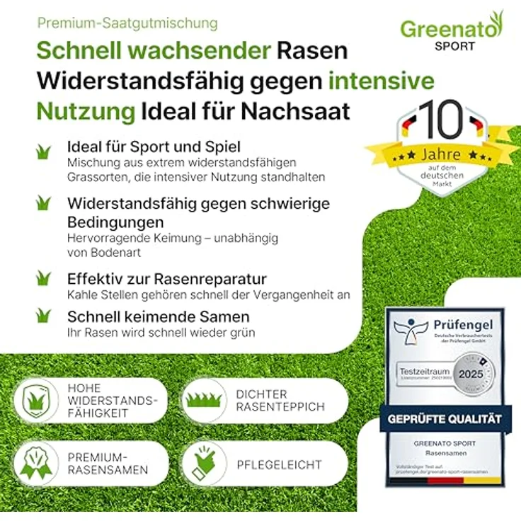 Greenato Sport 1kg Grassamen, schnellkeimende Rasenmischung für Sport und Spiel, lückendicht, ideal für Nachsaat, für 40m²-100m² – Bild 2