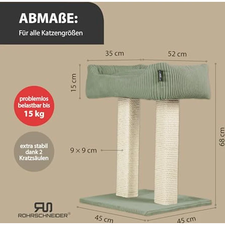 Rohrschneider Kratzbaum Katzenbaum Wolly 2 breite Kratzstämme mit Katzenbett Cordstoff, Made in Germany, versch. Farben – Bild 3