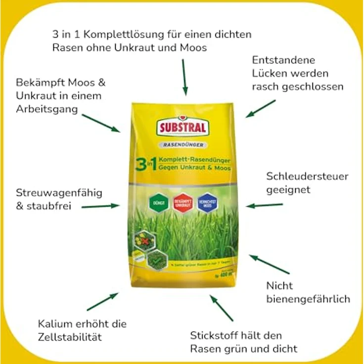Substral 3in1 Komplettrasendünger, 14 kg für 400m² Rasenfläche, mit Unkraut- und Moosvernichter, spezielle Nährstoffformel für optimale Rasenpflege – Bild 4