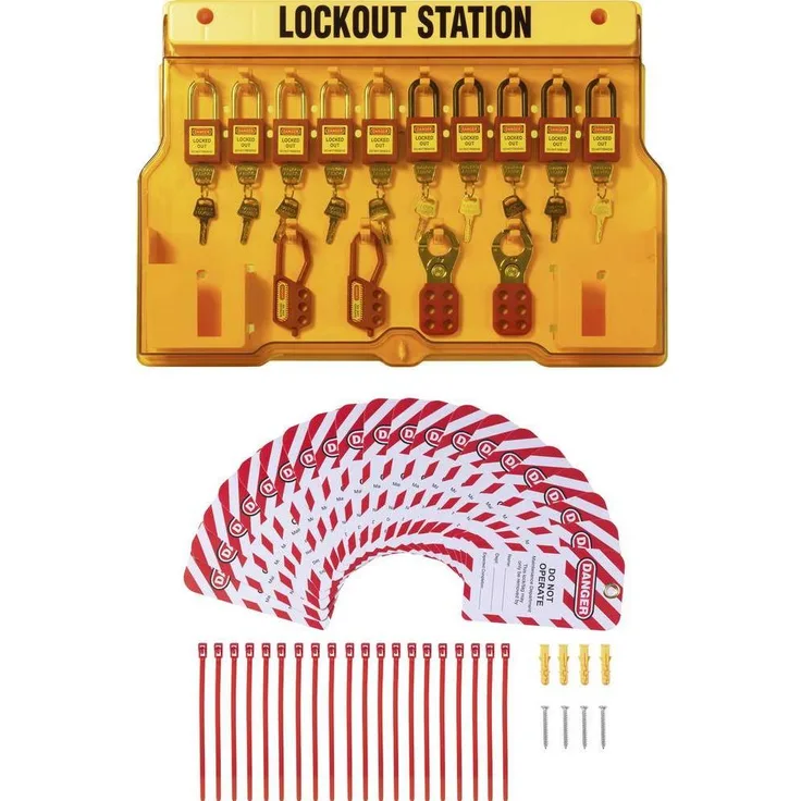 Sygonix SY-6872552 Lockout Station, Vorhängeschloss mit 14 Hakenstellungen, 562 mm, gelb, inklusive 5 Vorhängeschlösser und 20 Schilder