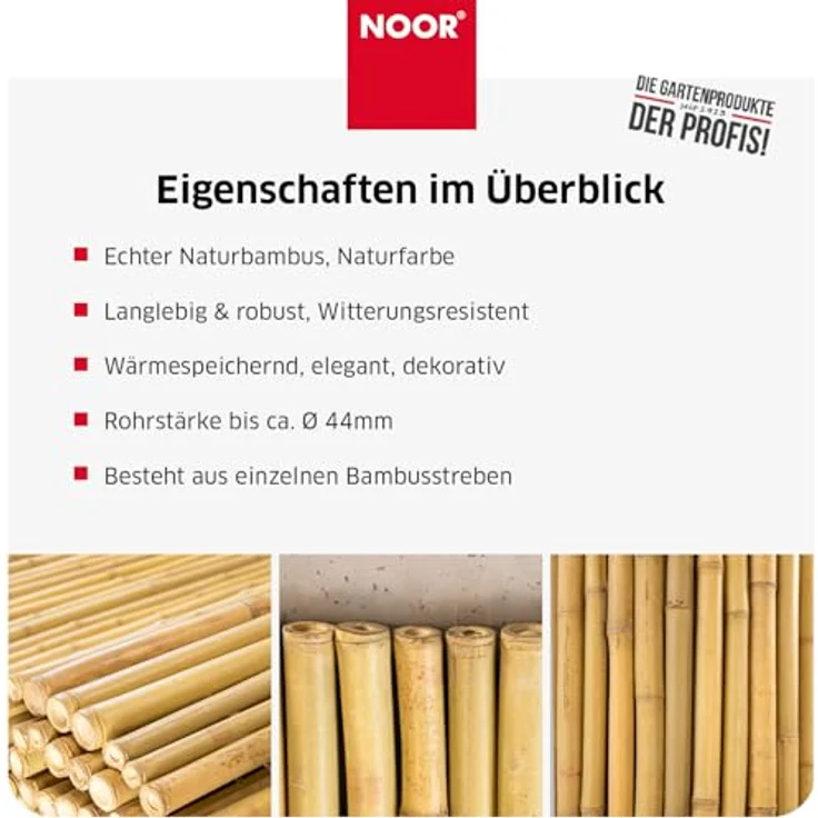 NOOR Bambusmatte Deluxe, Natürlicher Sichtschutz aus 40 mm ⌀ naturbelassenem Bambus, wetterfest, 200 x 200 cm für Balkon, Terrasse & Garten – Bild 4