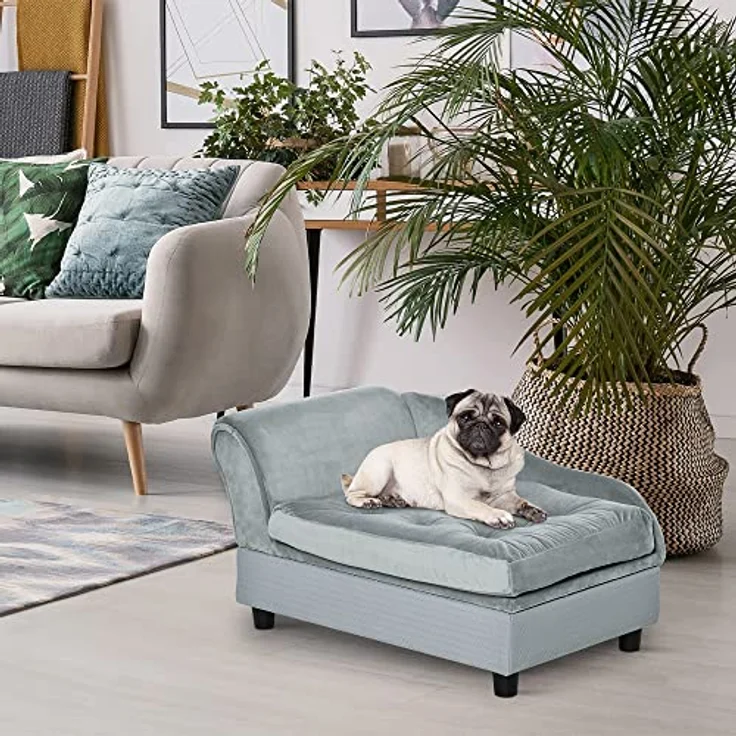 Pawhut Haustiersofa mit Matte, Hundebett, Hundematte, Hundesofa mit Lagerraum, Naturholz+Plüsch, Hellgrau, 76 x 45 x 41,5 cm – Bild 2