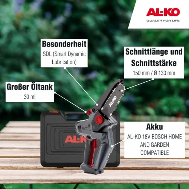 AL-KO Akku-Kettensäge CSM 1815, 15 cm Schwertlänge, ohne Akku und Ladegerät, emissionsfreies Arbeiten, 18 V Li-Ion, 30 ml Bio-Kettenöl, SDL® - Smart Dynamic Lubrication – Bild 2