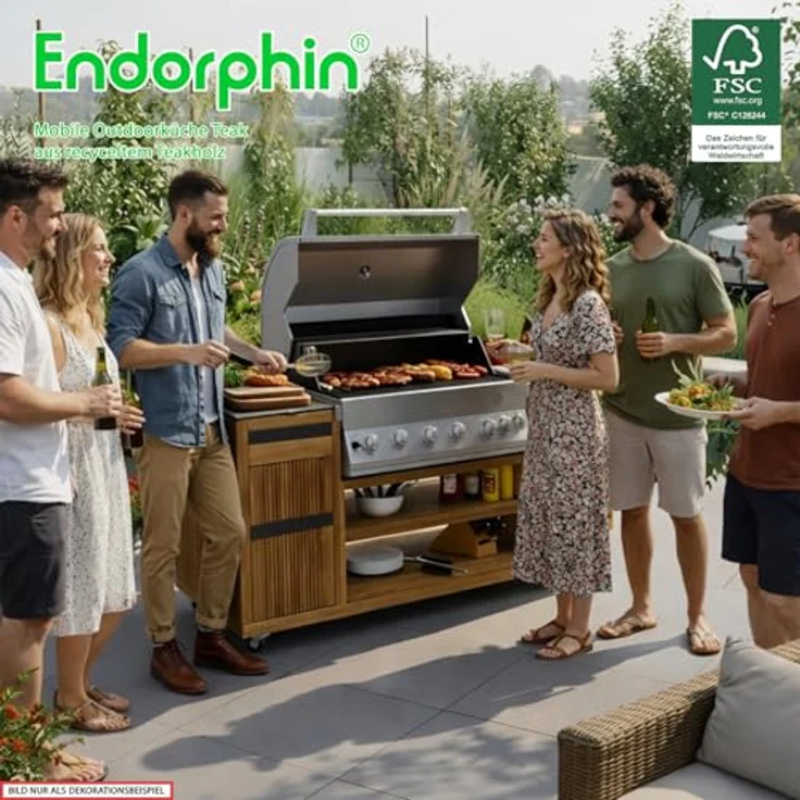 Endorphin Outdoorküche 2026, Mobile Grillstation mit integrierter Gasgrill-Technik, Teak-Wagen und silbernem Grill – Bild 7