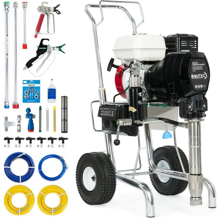 BAUTEC Farbsprühgerät G-79, Airless Farbspritzsystem mit benzinbetriebener Kolbenpumpe, 8,3 l/min, Komplett-Set, 227 bar Druck