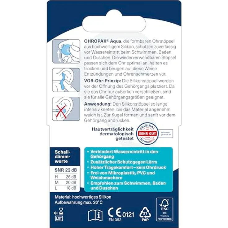 OHROPAX Aqua Ohrstöpsel – VOR-Ohr-Stöpsel aus formbarem Silikon – Schalldämmwert SNR 23 dB – 6 Stück – Bild 4